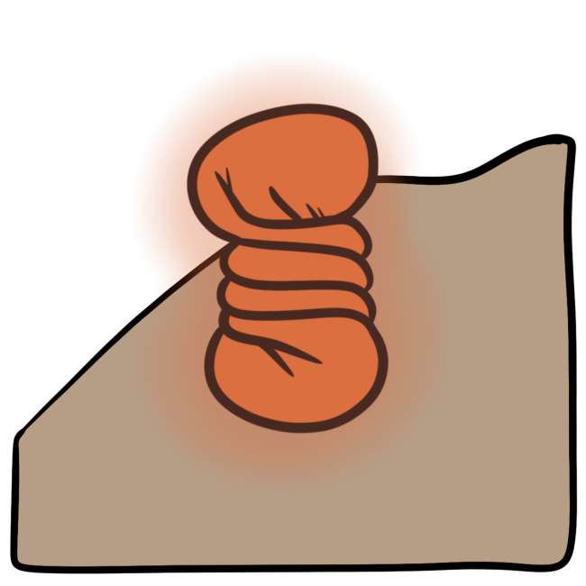 A twisted glowing orange wrinkled blob. Curved beige skin fills the bottom half of the background.